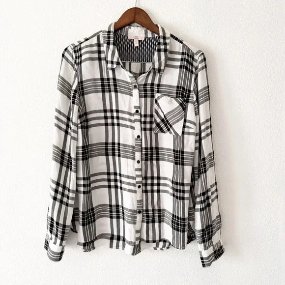 Como Vintage Plaid Flannel Button Down Shirt Black White Grungecore XL Cozy - Picture 2 of 14